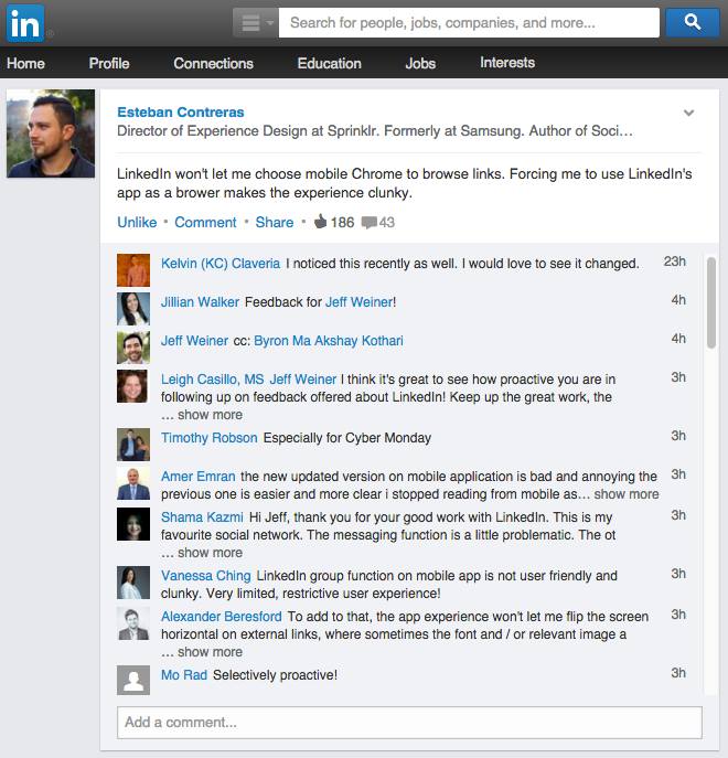 Monitor comments for fan feedback - LinkedIn example