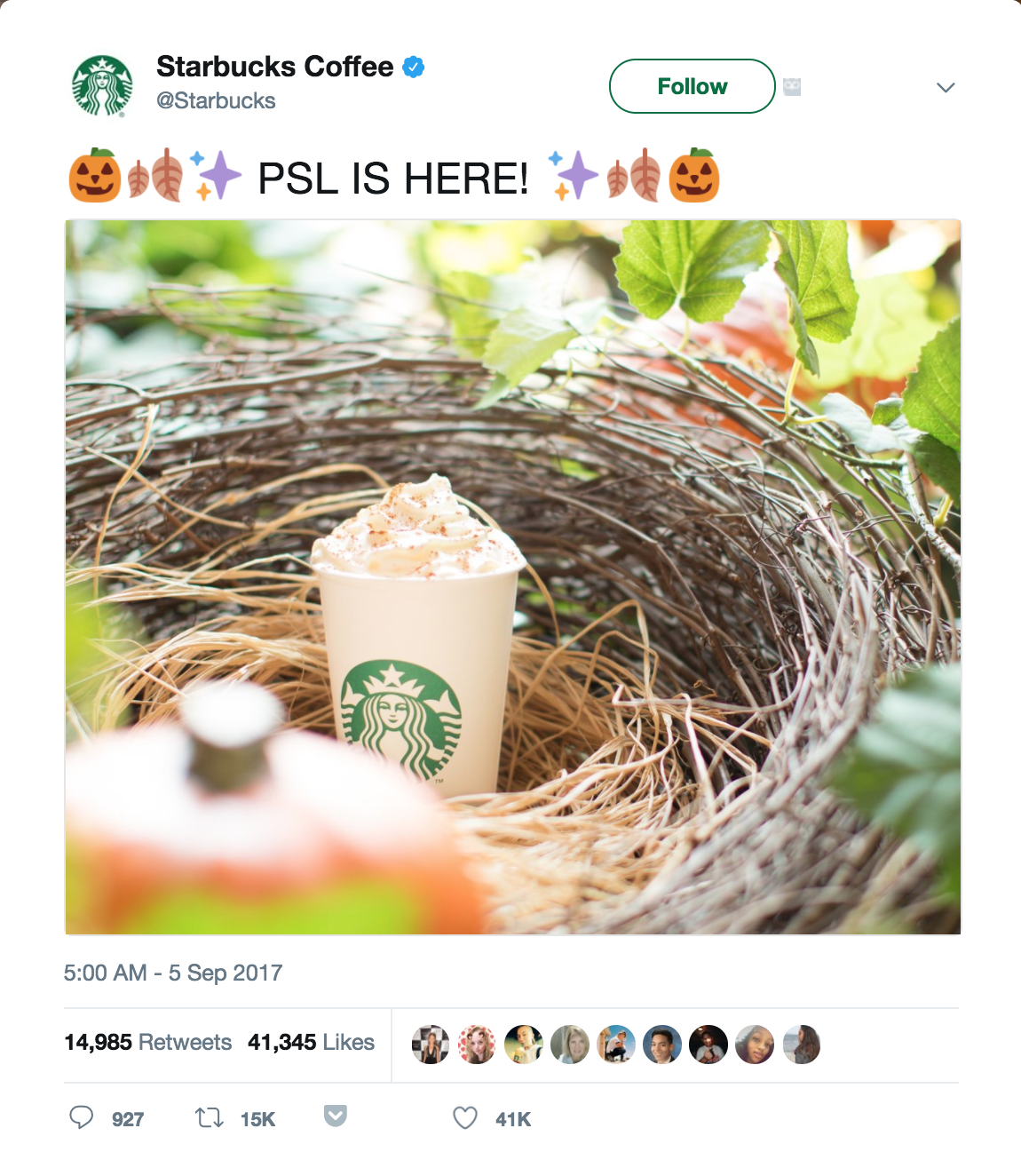 Starbucks Pumpkin Spice Latte announcement tweet
