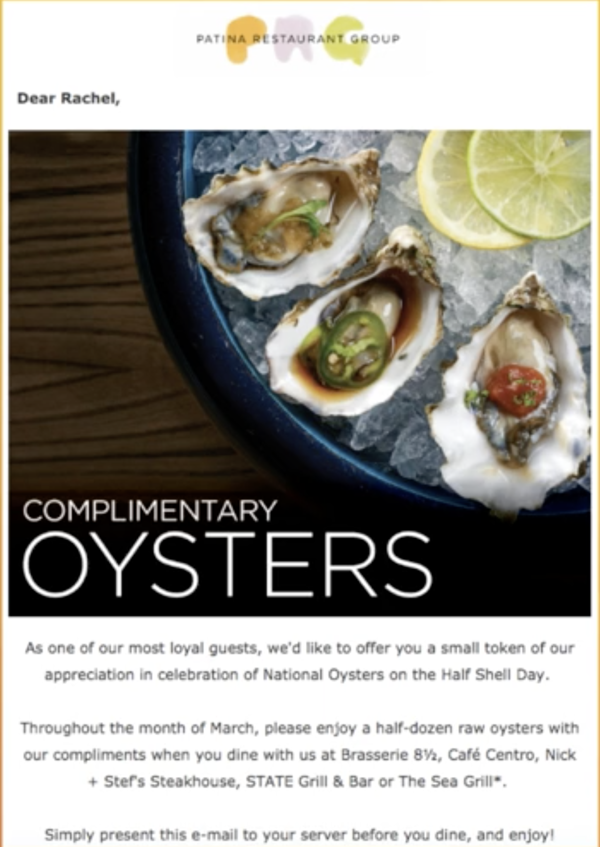 Complimentary oysters