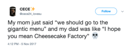 tweet about the huge Cheesecake Factory menu