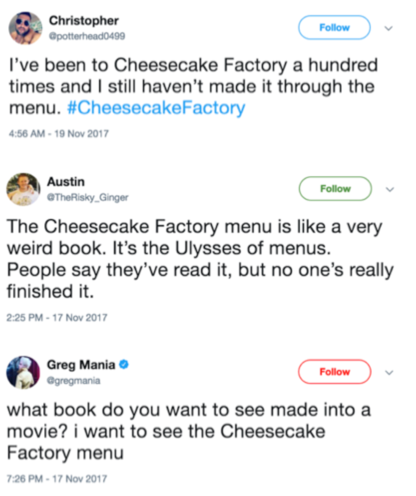 tweets about the cheesecake factory