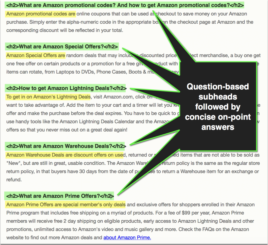 Examples of question-based subheads followed by concise on-point answers