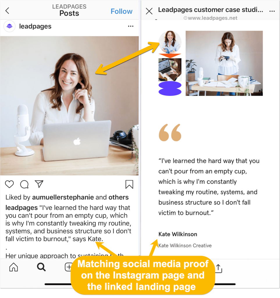 Leadpages features matching visual elements (visual identities) on their Instagram feed and their site.