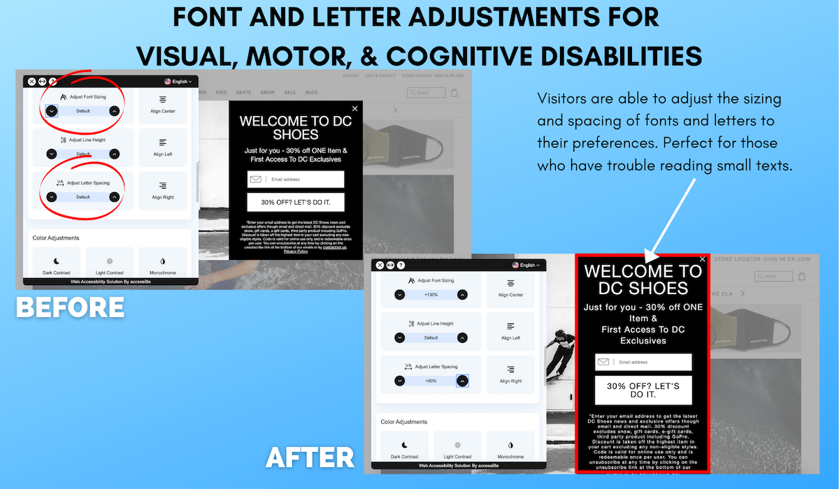 Font and letter adjustments for visual, motor, and cognitive disabilites