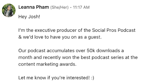 recruiting a podcast guest message example