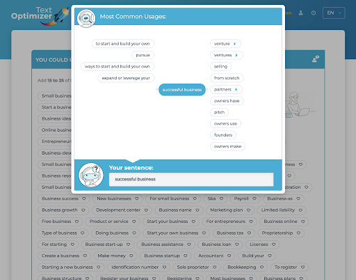 Text Optimizer list of related keyword concepts showing Most Common Usages feature