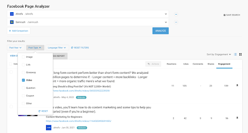 Buzzsumo Facebook Page Analyzer dashboard showing comparison of content side-by-side