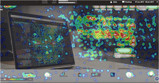 Sample web page heatmap layout showing distribution of clicks ranging from green to red