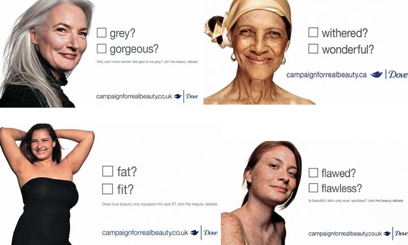 A series of advertisements by Dove that highlights the importance of diversity in their brand. Women of different ages, sizes, and skin color are featured. Each ad poses questions on different beauty standards accompanied by check boxes. One image of a senior woman has the words "Grey?" and "Gorgeous?" Another features an older woman with the words "Withered?" and "Wonderful?" A third image shows a woman with a fuller figure with "fat?" and "fit?" The last photo shows a woman with freckles with "flawed?" and "flawless?"