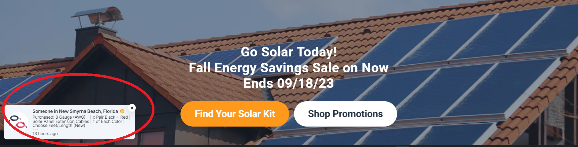 A screenshot of a pop-up from a solar panel website that tells the viewer who recently purchased their products. The pop-up shows the city that the buyer lives in, what they bought, and how long ago they bought it. 