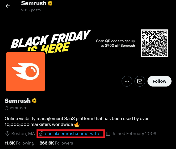 A Twitter profile by the company Semrush, highlighting a link to their website.
