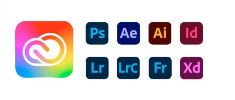 Icons representing various Adobe Creative Cloud applications. The main Creative Cloud logo, a colorful square with an infinity loop, is on the left. To the right are icons for different Adobe software: Photoshop (Ps), After Effects (Ae), Illustrator (Ai), InDesign (Id), Lightroom (Lr), Lightroom Classic (Lrc), Fresco (Fr), and XD (Xd).Icons representing various Adobe Creative Cloud applications. The main Creative Cloud logo, a colorful square with an infinity loop, is on the left. To the right are icons for different Adobe software: Photoshop (Ps), After Effects (Ae), Illustrator (Ai), InDesign (Id), Lightroom (Lr), Lightroom Classic (Lrc), Fresco (Fr), and XD (Xd).
