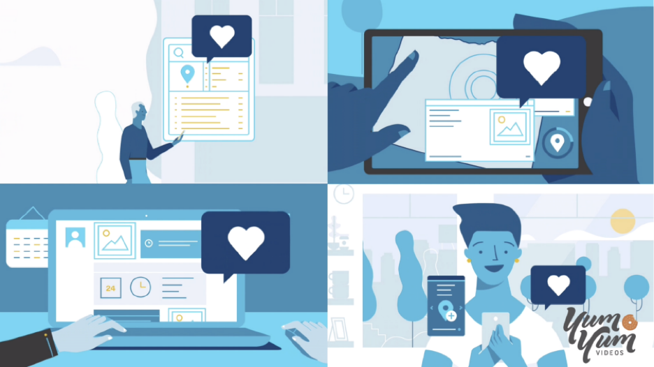A collage of four stylized, blue-toned illustrations showcasing different digital interactions: a person browsing on a mobile device with a location pin icon, another hand interacting with a tablet map interface, a computer screen displaying a user profile, and a person holding a smartphone with a notification icon. Each scene highlights the engagement potential and broad reach of digital platforms like YouTube in a cohesive, interconnected ecosystem.