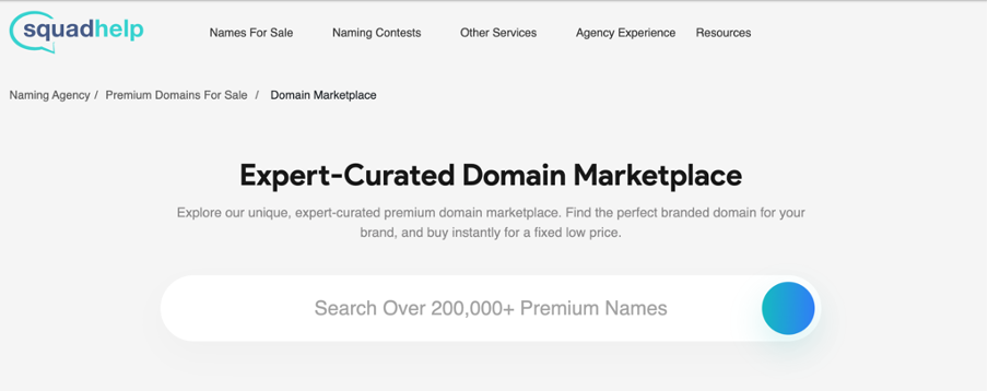 Screenshot of Squadhelp's website featuring an 'Expert-Curated Domain Marketplace.' The page offers a search bar to explore over 200,000 premium domain names. Navigation links include 'Names For Sale,' 'Naming Contests,' 'Other Services,' 'Agency Experience,' and 'Resources.