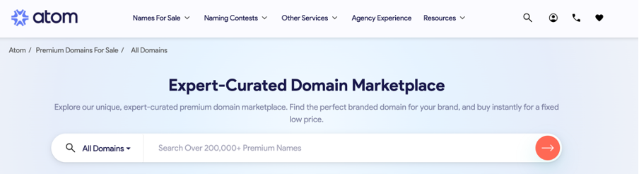 creenshot of Atom's website featuring an 'Expert-Curated Domain Marketplace.' The page provides a search bar to explore over 200,000 premium domain names, with a dropdown option to filter by 'All Domains.' Navigation links include 'Names For Sale,' 'Naming Contests,' 'Other Services,' 'Agency Experience,' and 'Resources,' along with icons for search, phone contact, user account, and favorites.