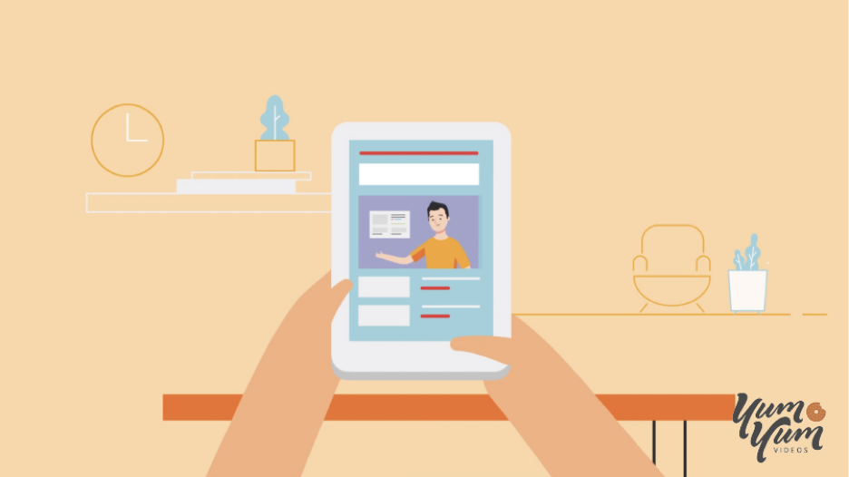 A stylized illustration of hands holding a tablet, displaying a website interface with an image of a person presenting content. The background features a minimalist, pastel-colored room with a clock on the wall and a plant on a shelf. This image represents the use of digital platforms, possibly YouTube, for engaging presentations and content sharing.